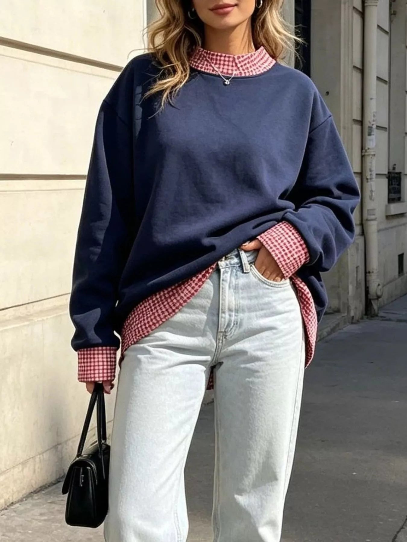 Polka Dot Contrast Trim Dropped Shoulder Sweatshirt