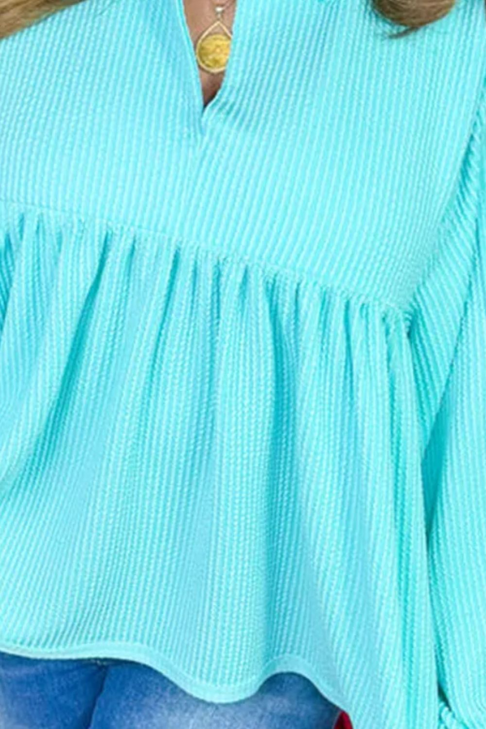 Blue Zone Planet | Plus Size Textured Peplum Long Sleeve Blouse