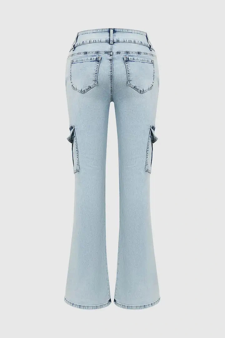 Multi Pocket Double Button Mid Rise Flare Cargo Jeans