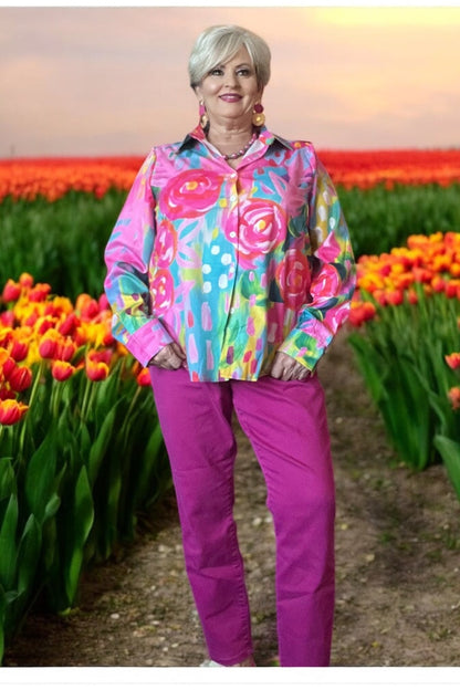 Women’s Vibrant Multicolor Floral Print Casual Shirt – Bright, Chic, and Striking