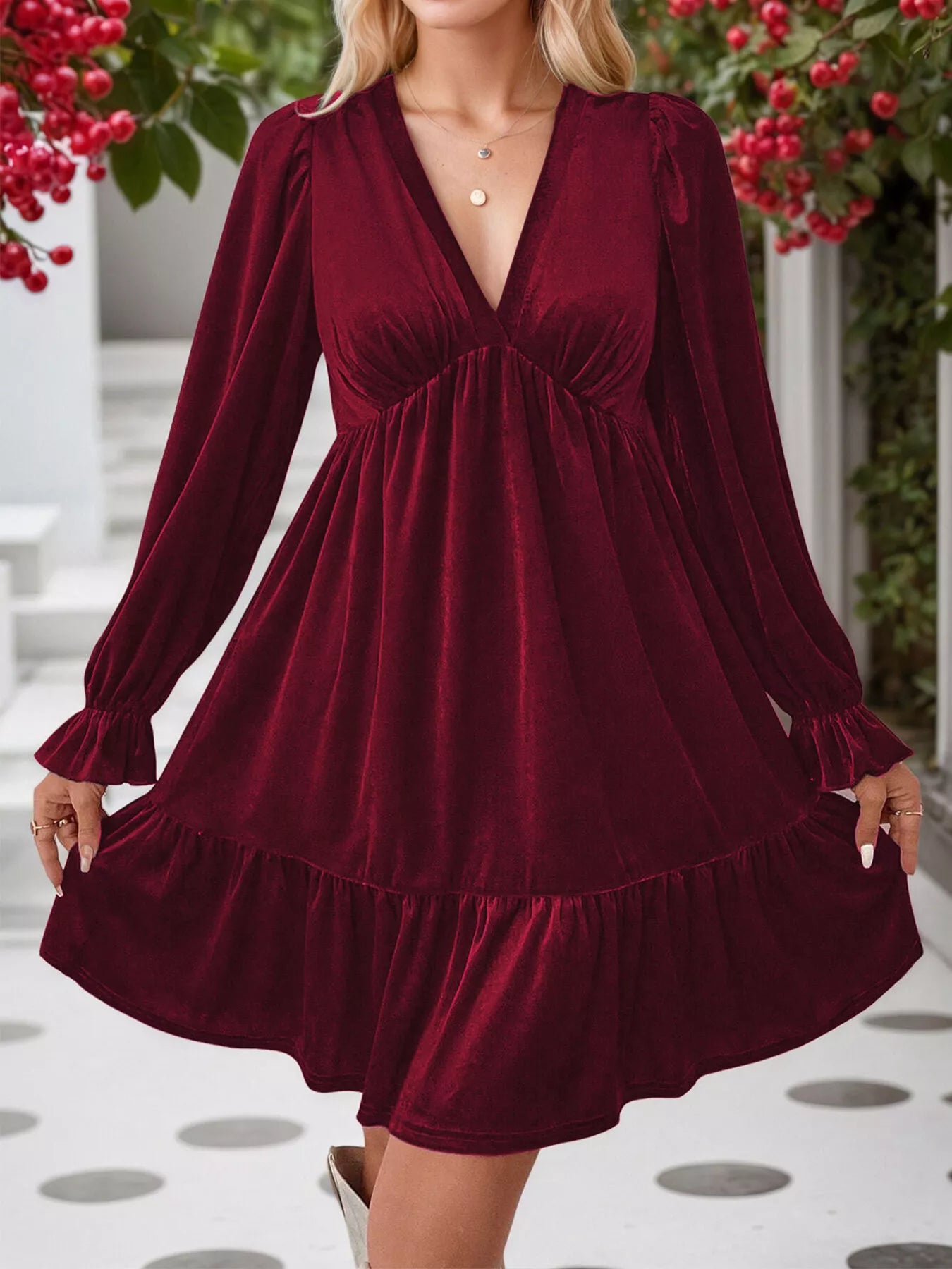 Velvet V-Neck Long Sleeve Ruffle Hem Mini Dress