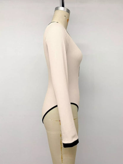 Ribbed V-Neck Long Sleeve Bodysuit with Contrast Trim