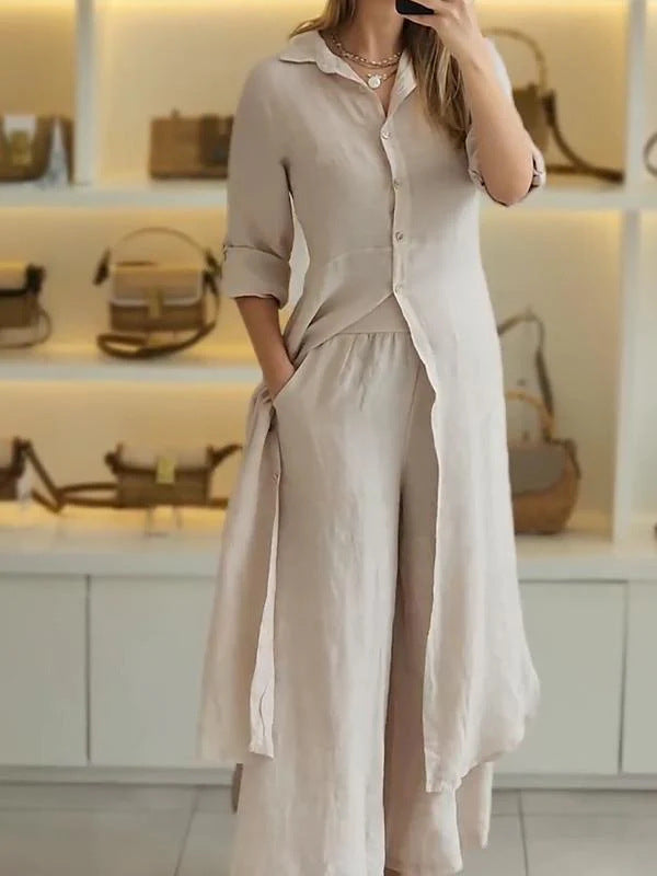 Cotton Linen Waist Long Shirt & Wide Leg Pants Two-Piece Set