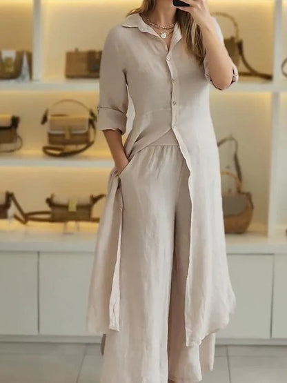 Cotton Linen Waist Long Shirt & Wide Leg Pants Two-Piece Set