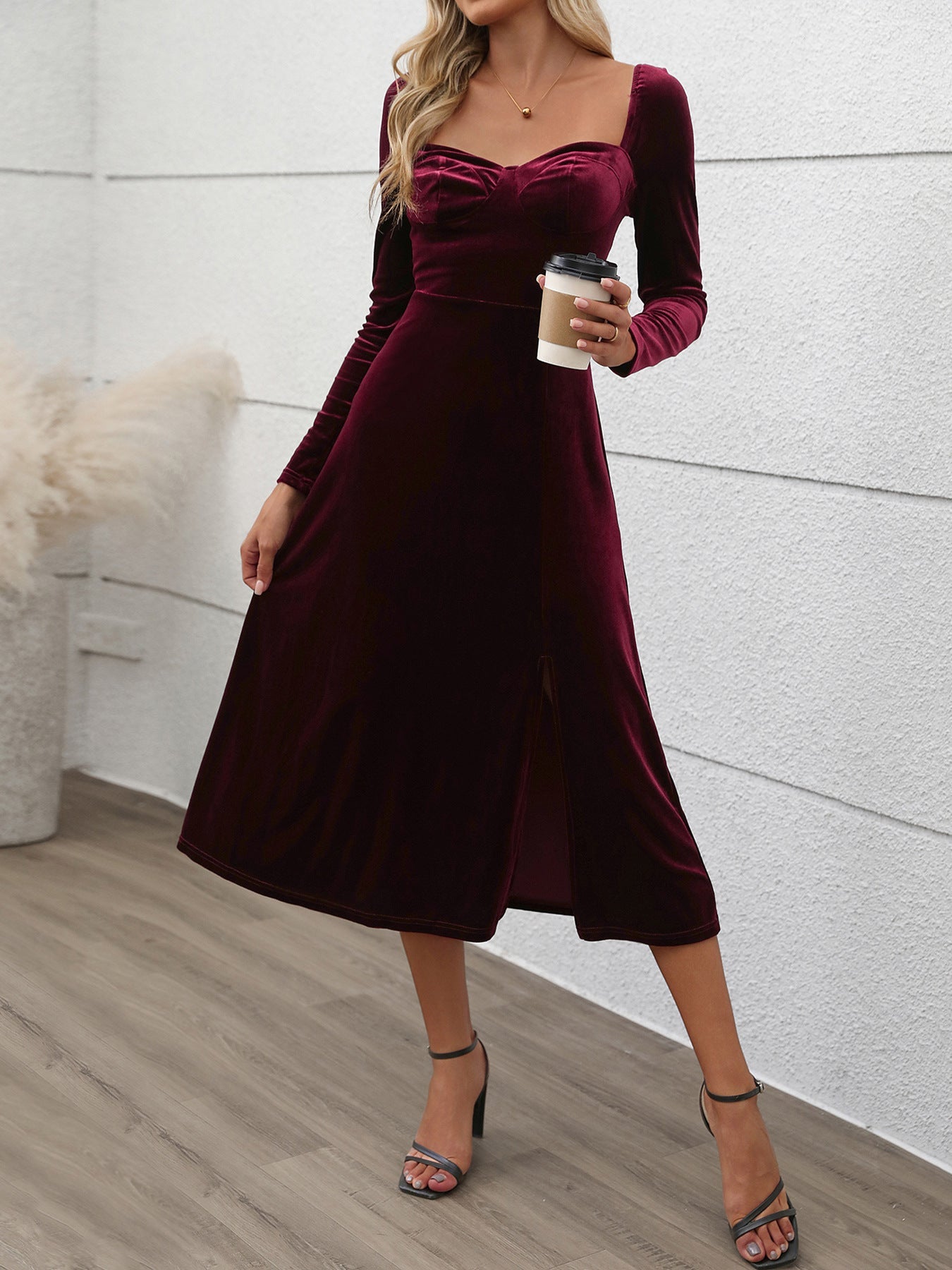 Blue Zone Planet | Perfee Sweetheart Neck Long Sleeve Midi Dress