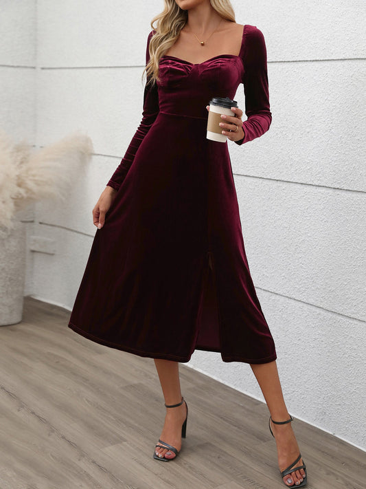 Blue Zone Planet | Perfee Sweetheart Neck Long Sleeve Midi Dress