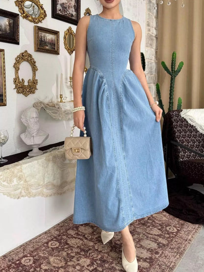 Sleeveless A-Line Denim Midi Dress