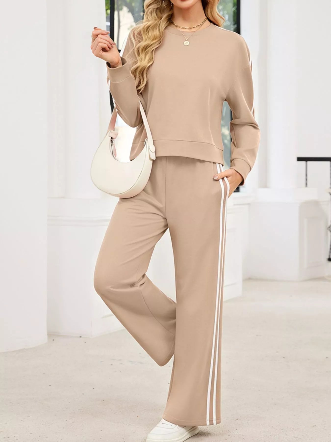 Striped Round Neck Sweatshirt and Pants Set