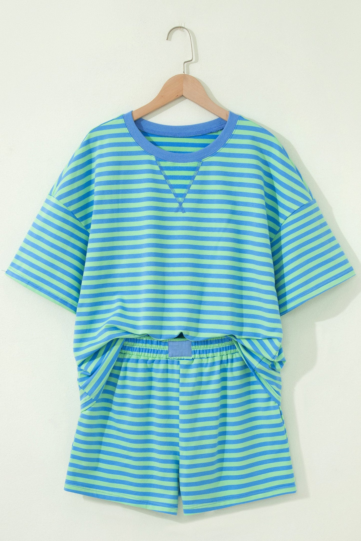 Green Stripe Striped Ribbed Cotton Two-Piece Pant Set with Chest Patch Detail