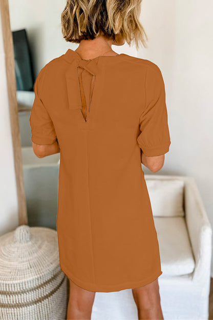 Bow Back Short Sleeves Mini Shift Dress Camel