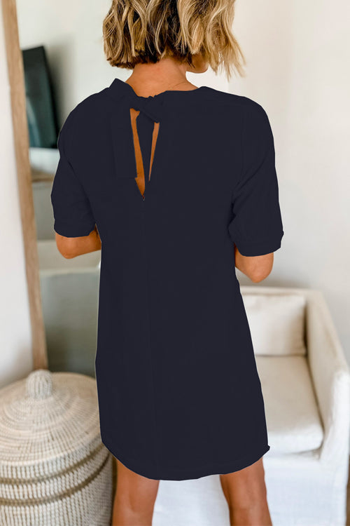 Bow Back Short Sleeves Mini Shift Dress Navy