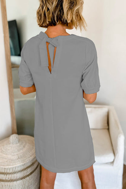 Bow Back Short Sleeves Mini Shift Dress Gray