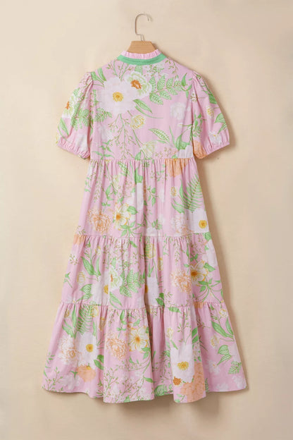 Floral Print Short Puff Sleeve High Waist Tiered Dress