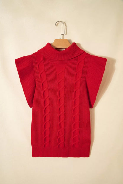 Cable Knit Turtleneck Ruffled Short Sleeve Sweater