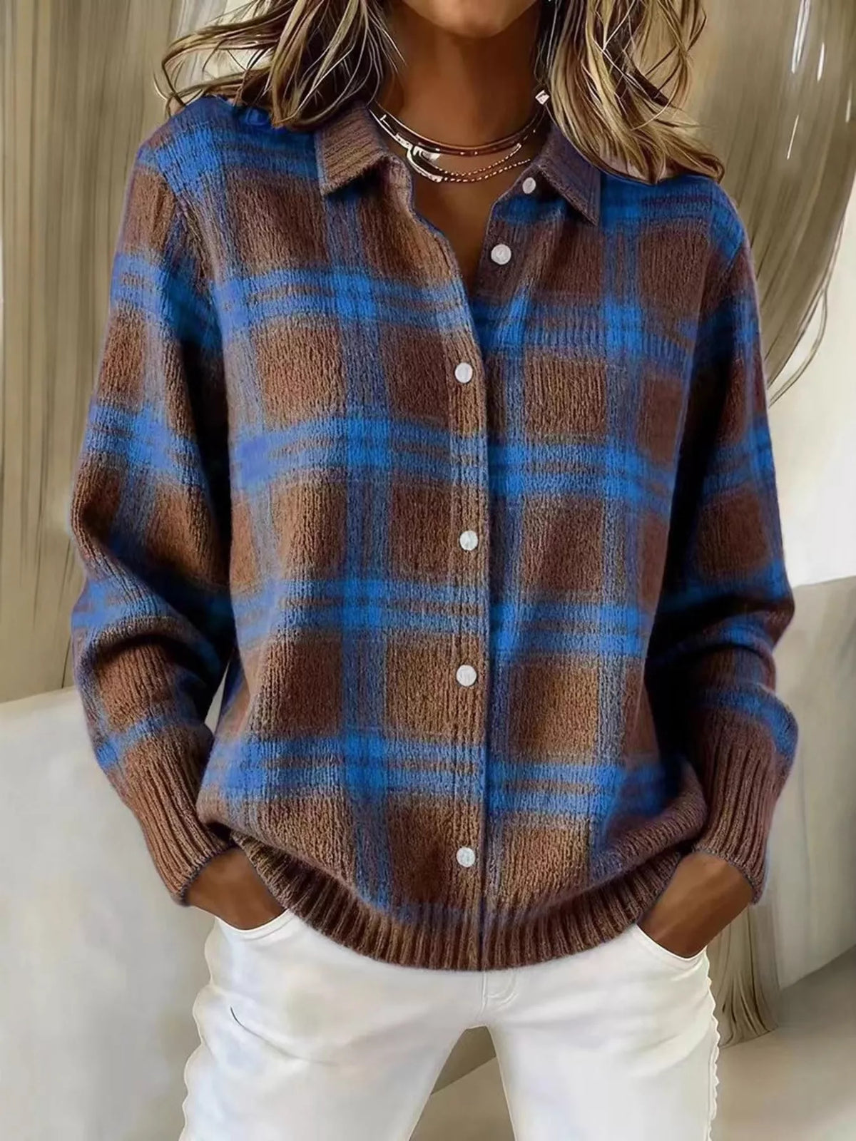Full Size Plaid Button-Down Knit Cardigan Plus Size