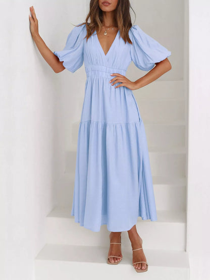 Elegant Puff Sleeve V-Neck Midi Dress