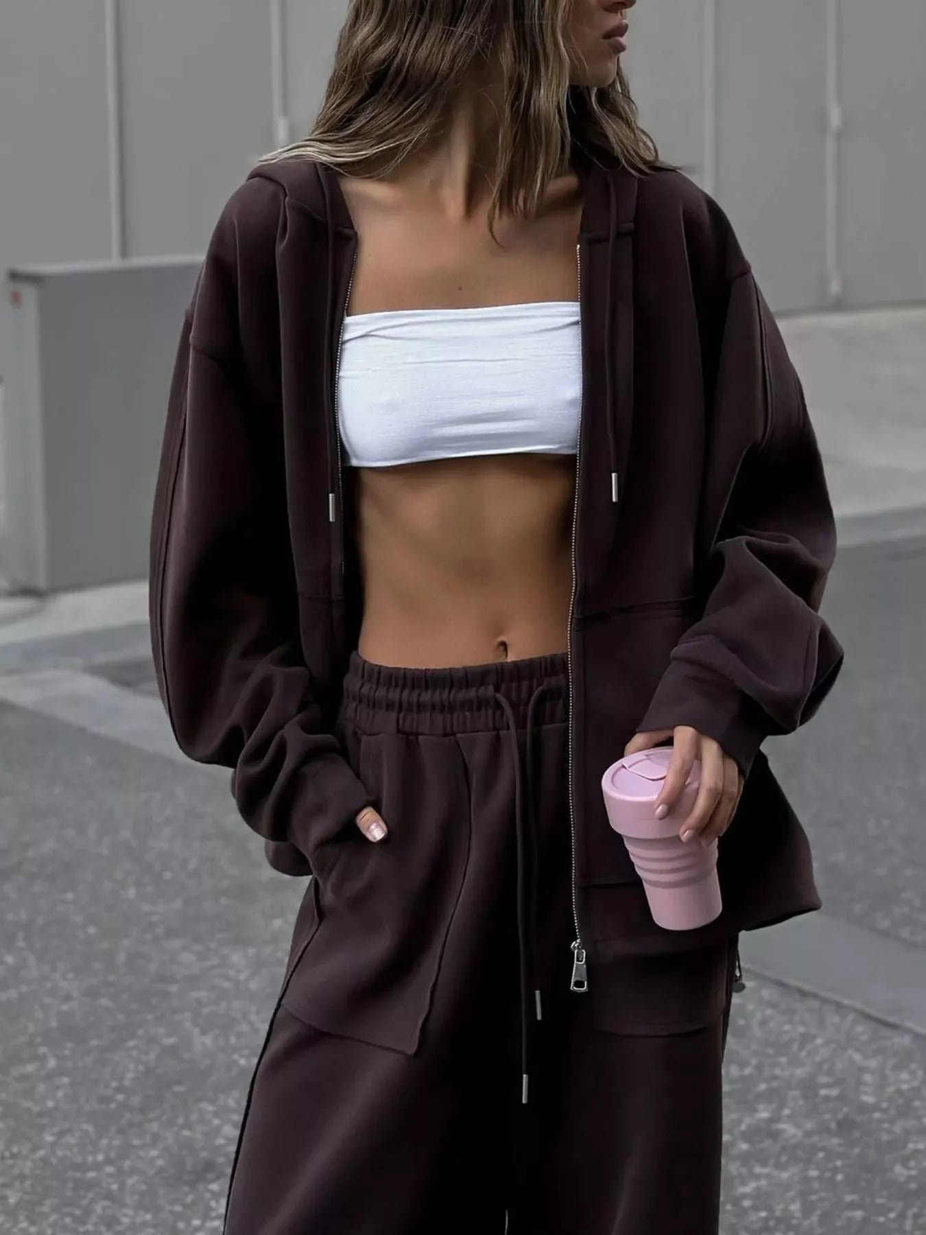Oversized Zip-Up Hoodie and Wide-Leg Pants Set