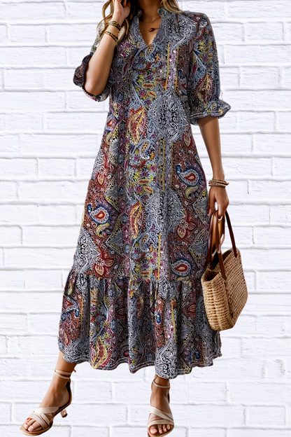 Bohemian Paisley Print Ruffle Hem Midi Dress