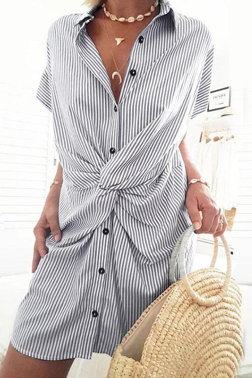 Short Sleeve Twist Knot Striped Shirt Dress Navy Blue