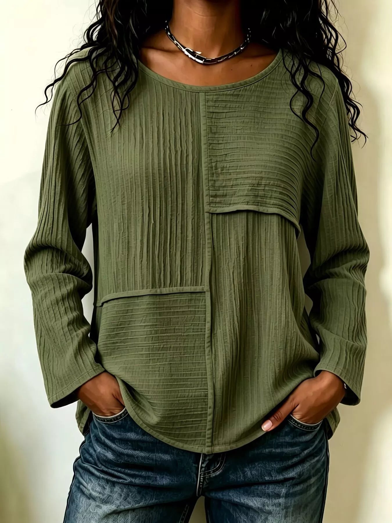 Women's Textured Patchwork Long Sleeve Top