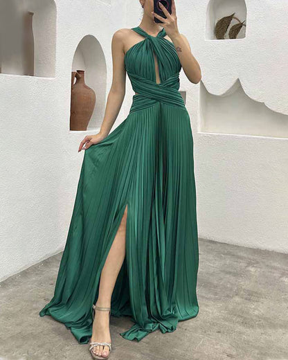 Party pleated halterneck slit dress