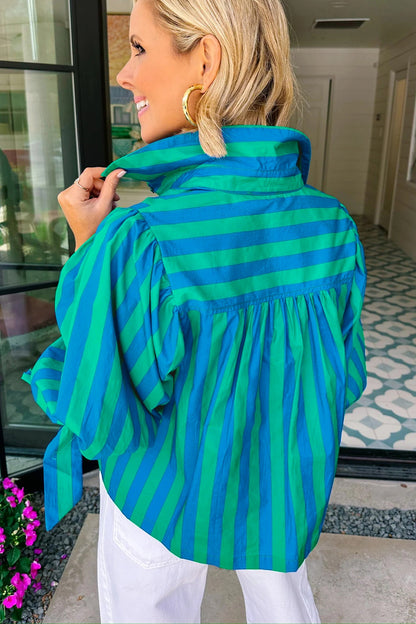 Blue Stripe Tie Puff Sleeve Womens Button Down Shirt
