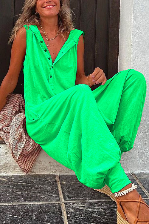 La Vie Pocketed Half Button Hoodied Jumpsuit(5 Colors Available) Bright Green