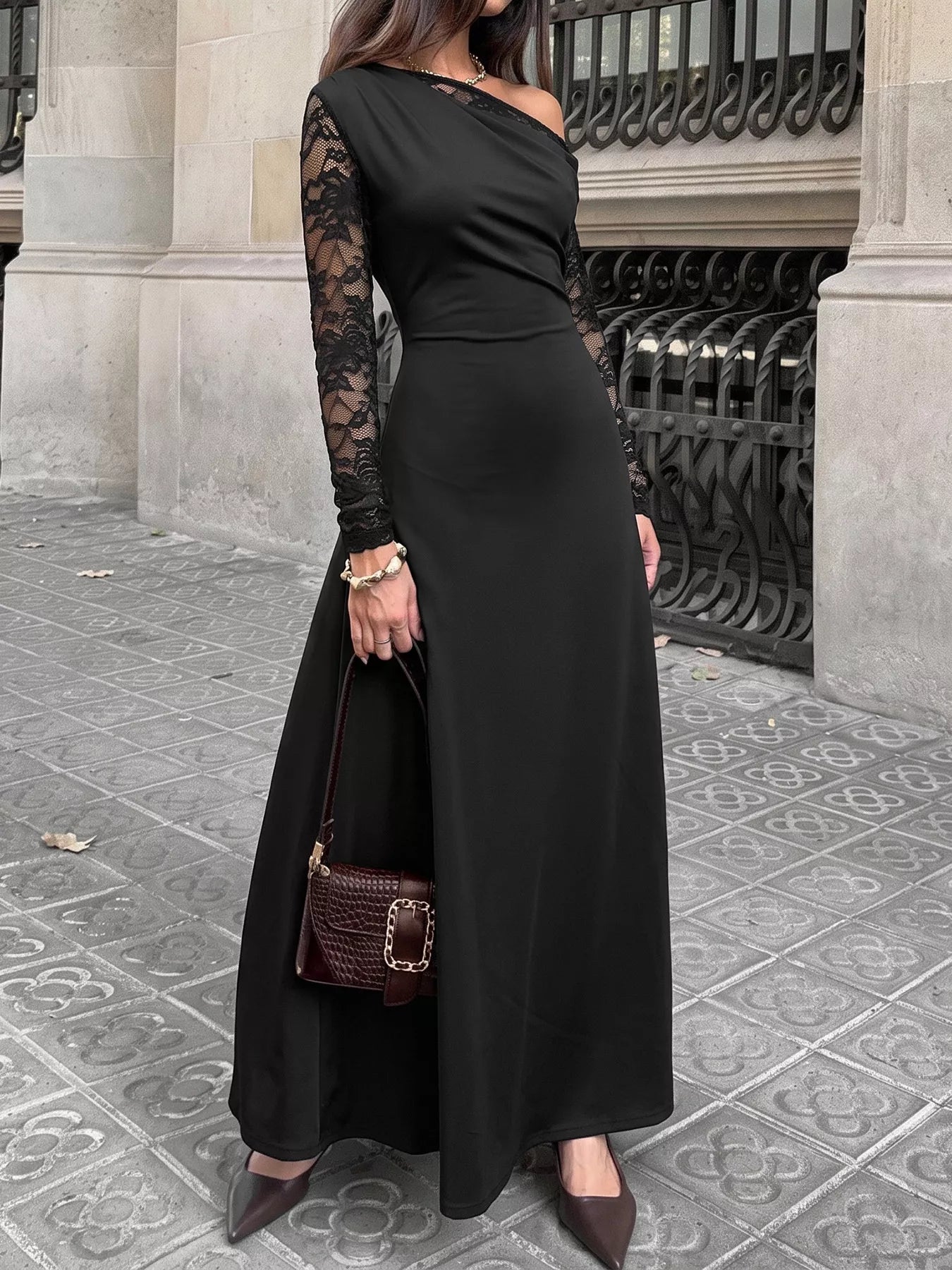 One-Shoulder Lace Sleeve Maxi Dress