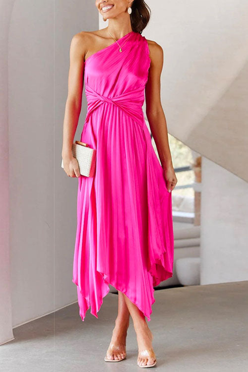 Rosiedress One Shoulder Sleeveless Waisted Swing Dress HotPink