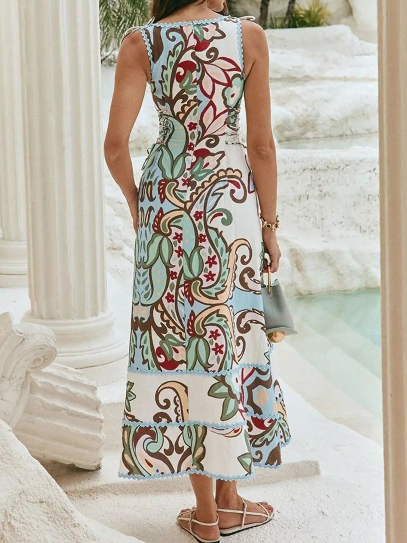 Printed Tie Shoulder Sleeveless Midi Dress