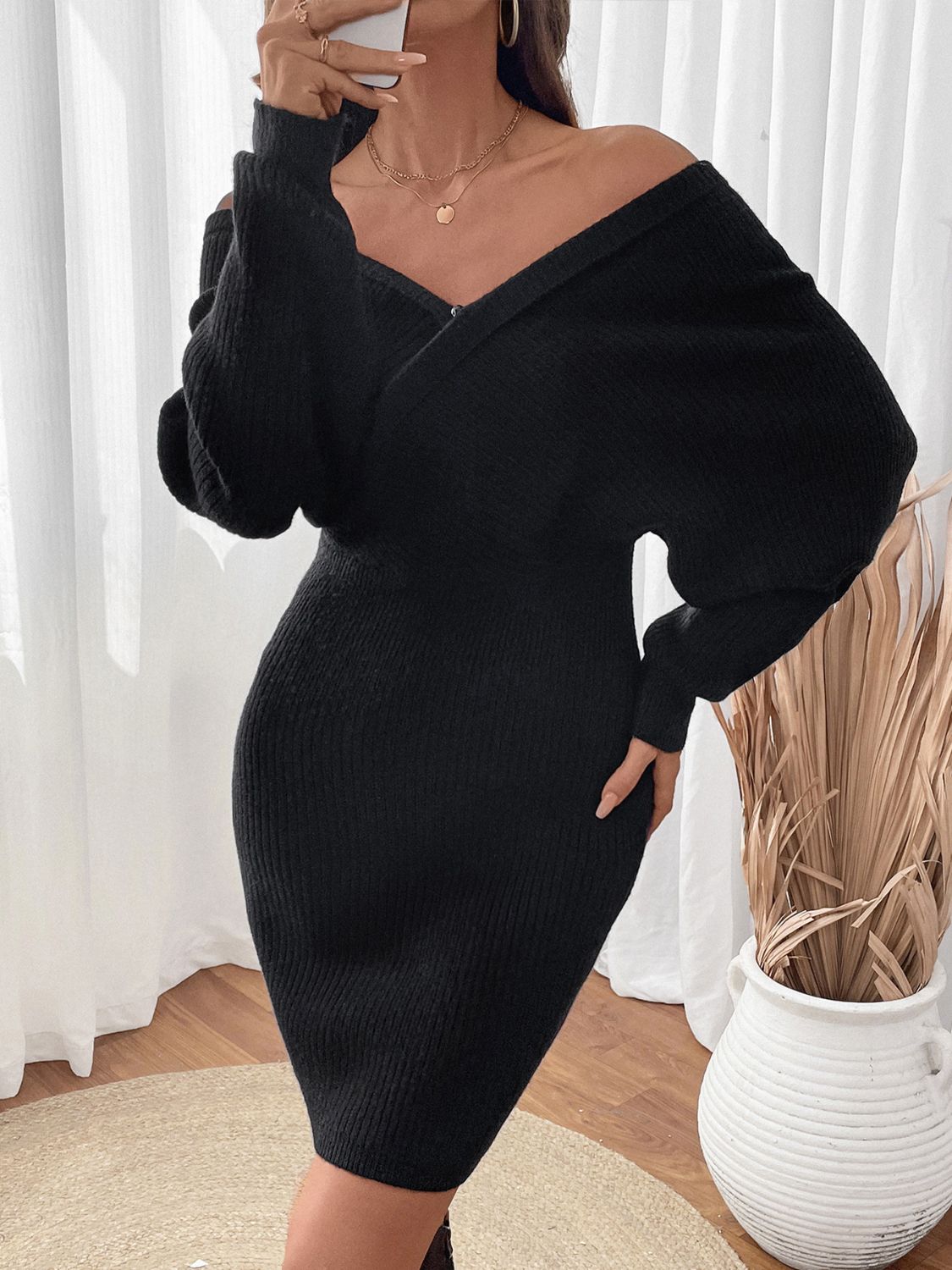 | Perfee Surplice Long Sleeve Sweater Dress