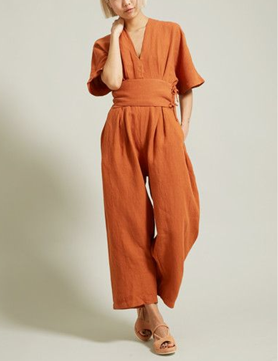 Vintage Belted Linen Jumpsuit