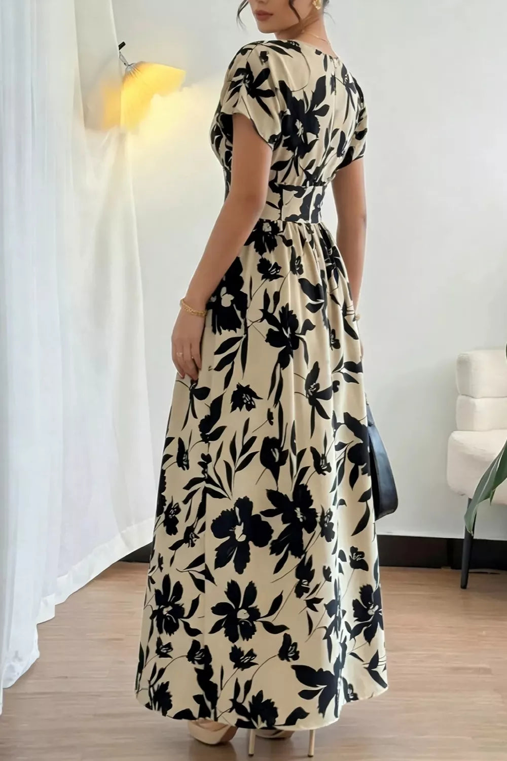 Floral Print Short Sleeve A-Line Maxi Dress