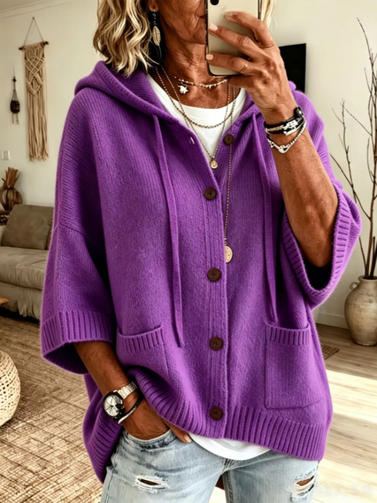Full Size Casual Hooded Button-Down Knit Cardigan with Pockets Plus Size
