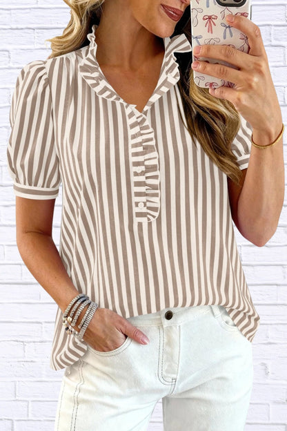 Frill Striped Puff Sleeve Blouse | Chic Women’s Top