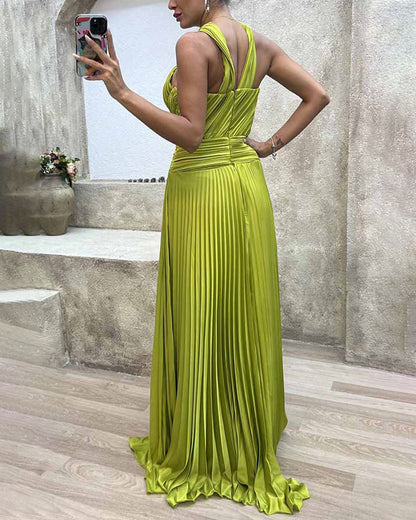 Party pleated halterneck slit dress