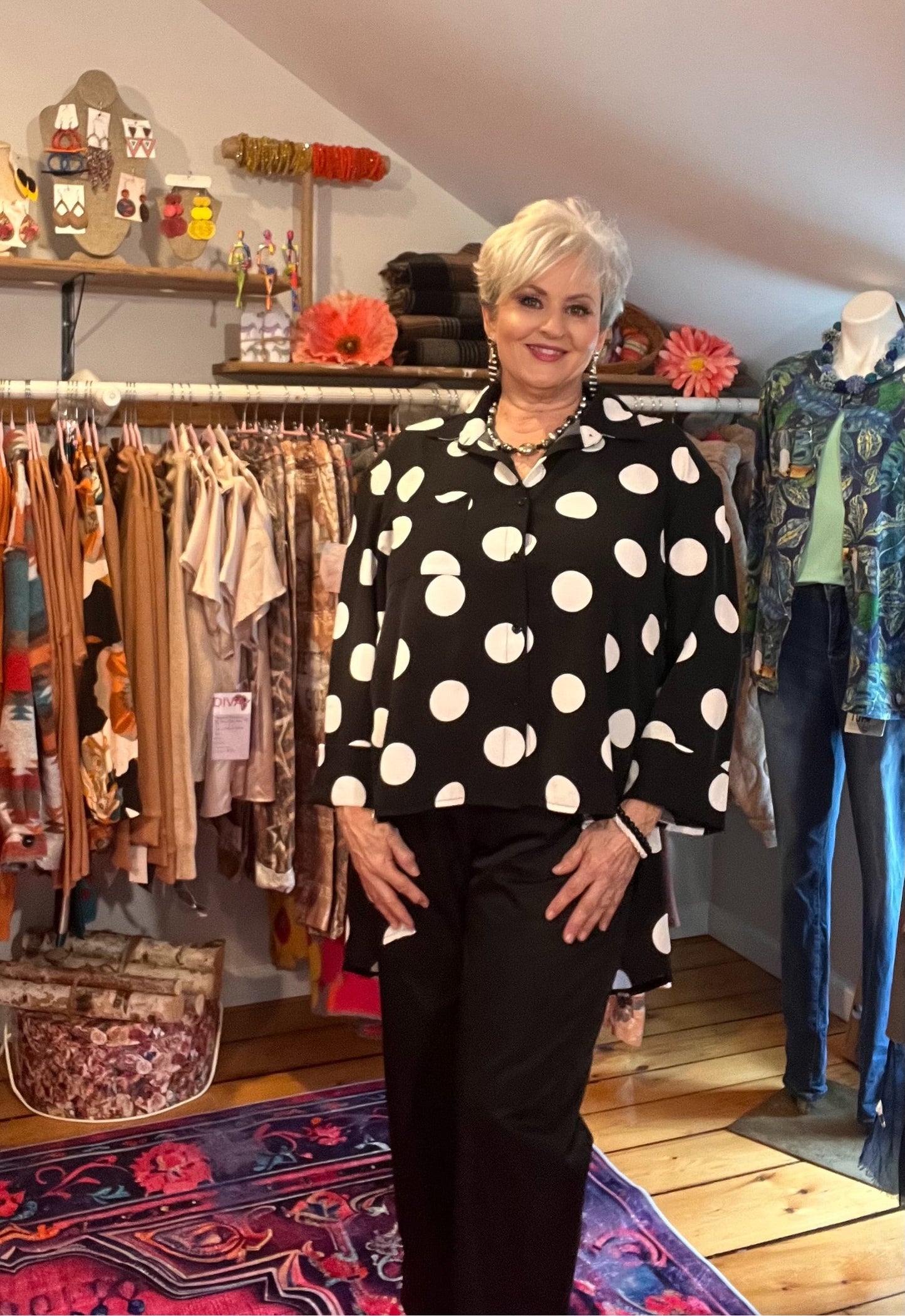 Polka Dot Perfection: Collared Button-Through Blouse with High-Low Hem