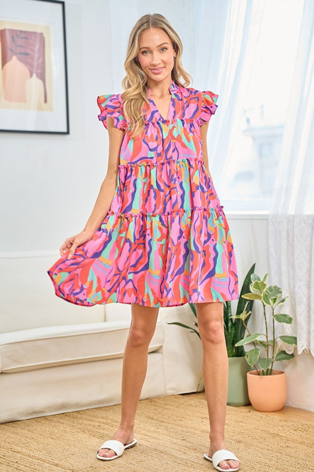 Blue Zone Planet | First Love Full Size Printed Ruffle Cap Sleeve Tiered Dress