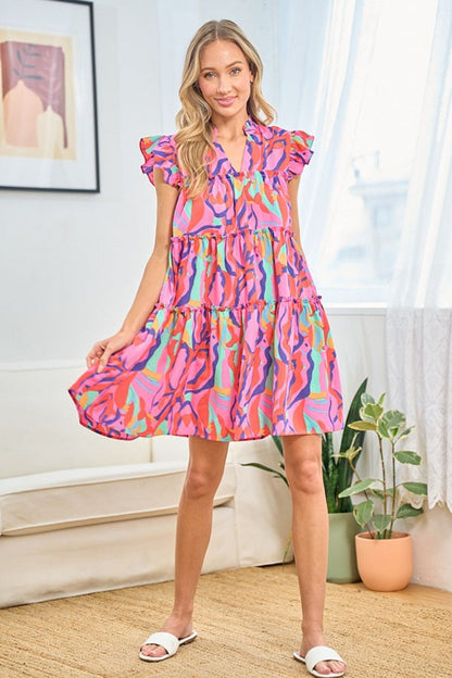 Blue Zone Planet | First Love Full Size Printed Ruffle Cap Sleeve Tiered Dress