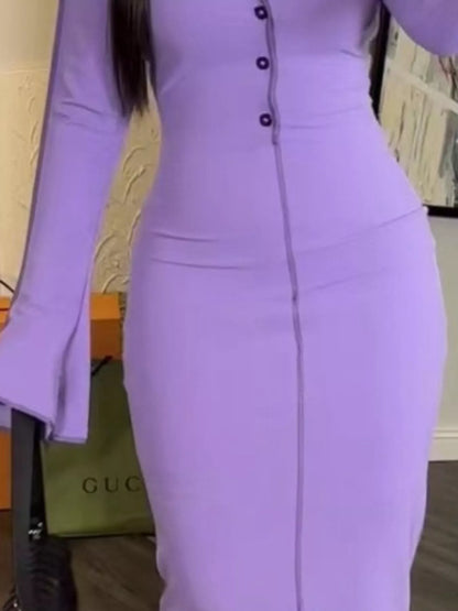 Button Front Long Sleeve Midi Dress