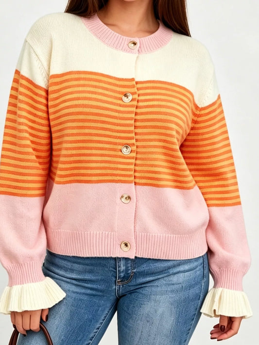 Color Block Striped Button Up Cardigan
