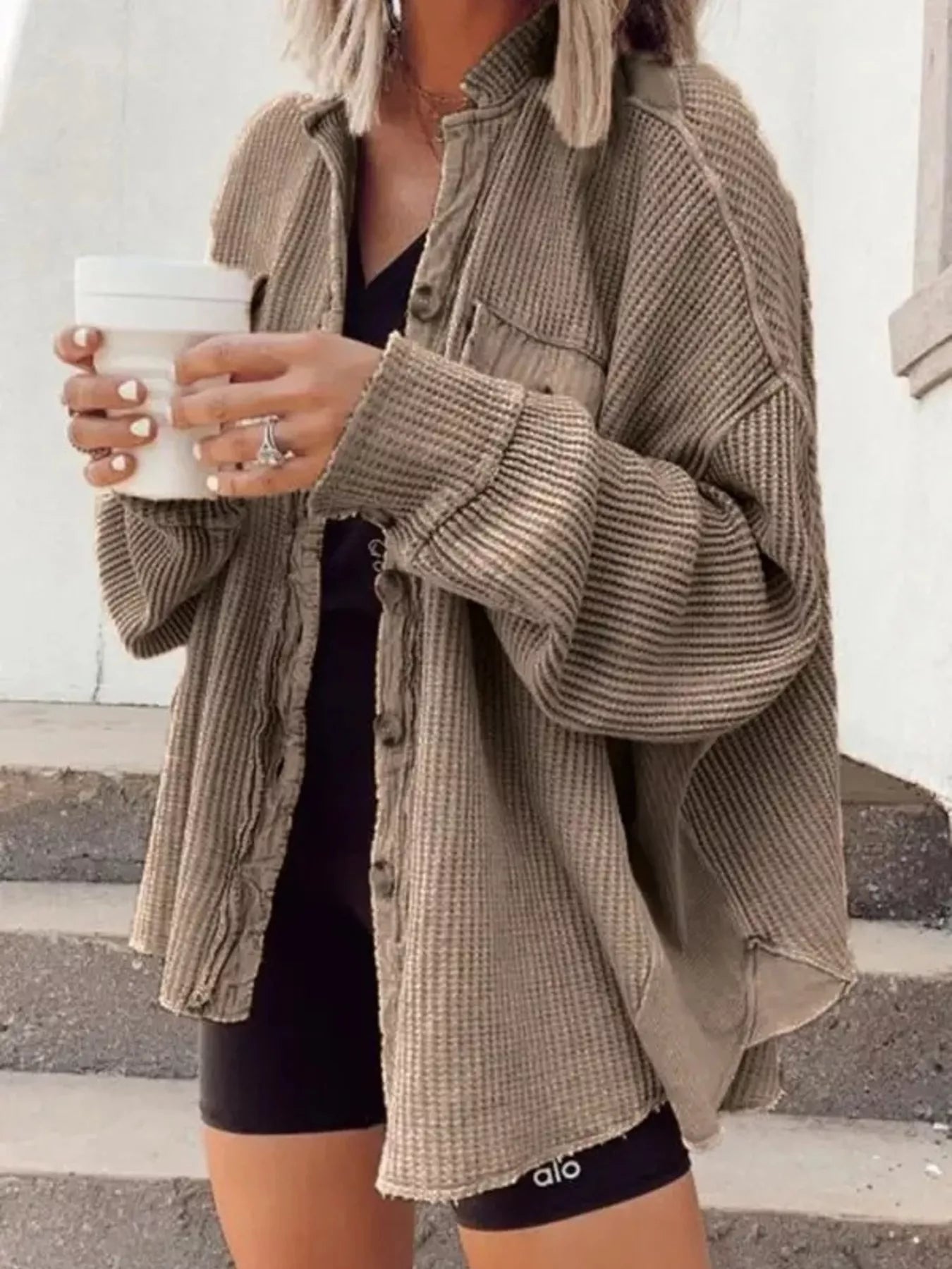 Oversized Waffle Knit Button-Up Jacket