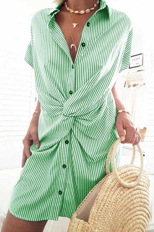 Short Sleeve Twist Knot Striped Shirt Dress Green
