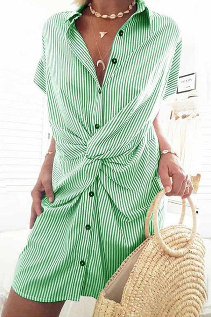 Rosiedress Short Sleeve Twist Knot Striped Shirt Dress Green