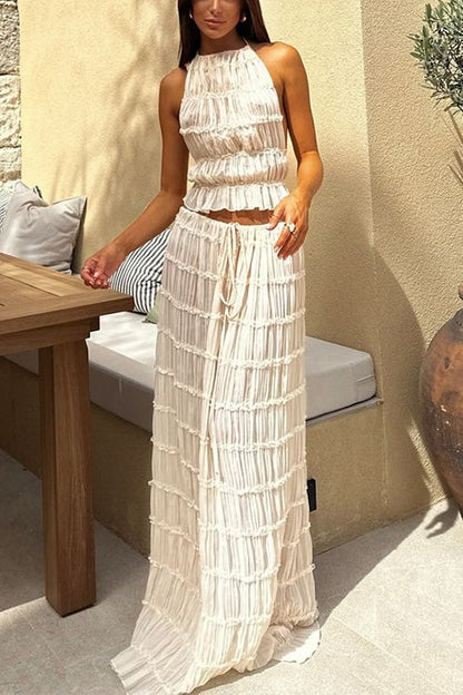 Frilled Halter Backless Crop Top Drawstring Waist Maxi Skirt Set White