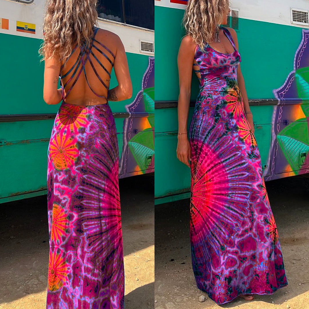 Rosiedress Strappy Backless Tie Dye Maxi Dress Burgundy