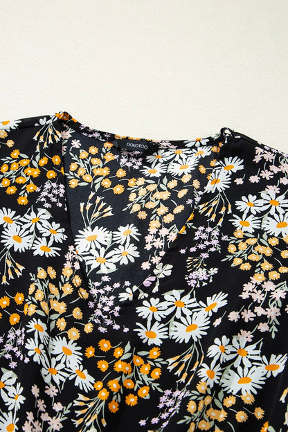 Floral Print V Neck Smocked Babydoll Blouse