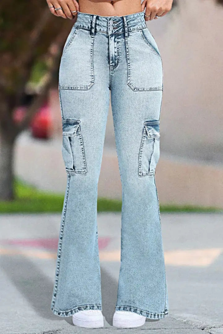 Multi Pocket Double Button Mid Rise Flare Cargo Jeans