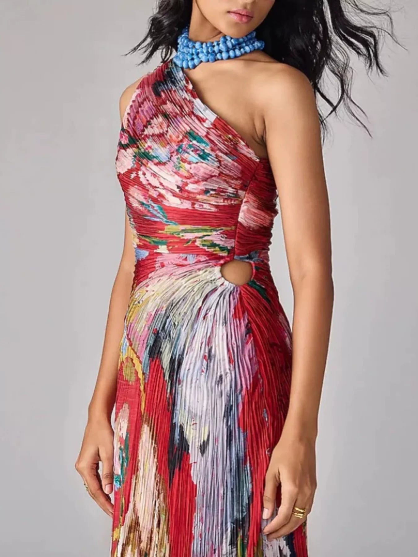 One-Shoulder Pleated Floral Maxi Dress