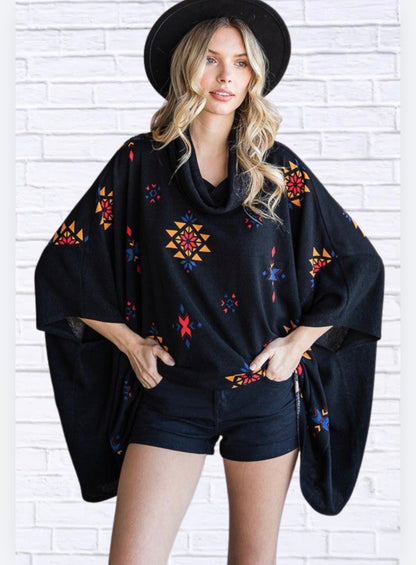 AZTEC PRINT COWL NECK OVERSIZED PONCHO
